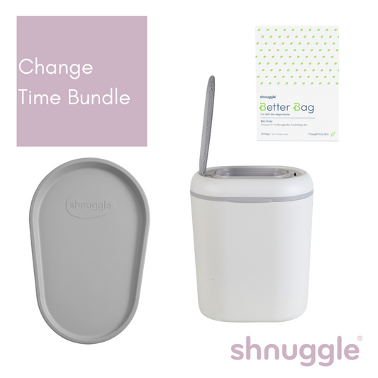 Shnuggle Change Time Bundle - Eco-Touch Nappy Bin, Squishy Changing Mat & Shnuggle Better Bag Nappy Bin Liners