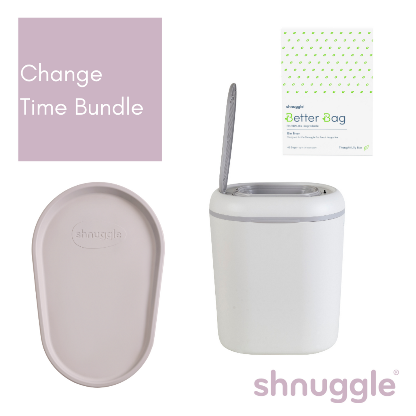 Shnuggle Change Time Bundle - Eco-Touch Nappy Bin, Squishy Changing Mat & Shnuggle Better Bag Nappy Bin Liners