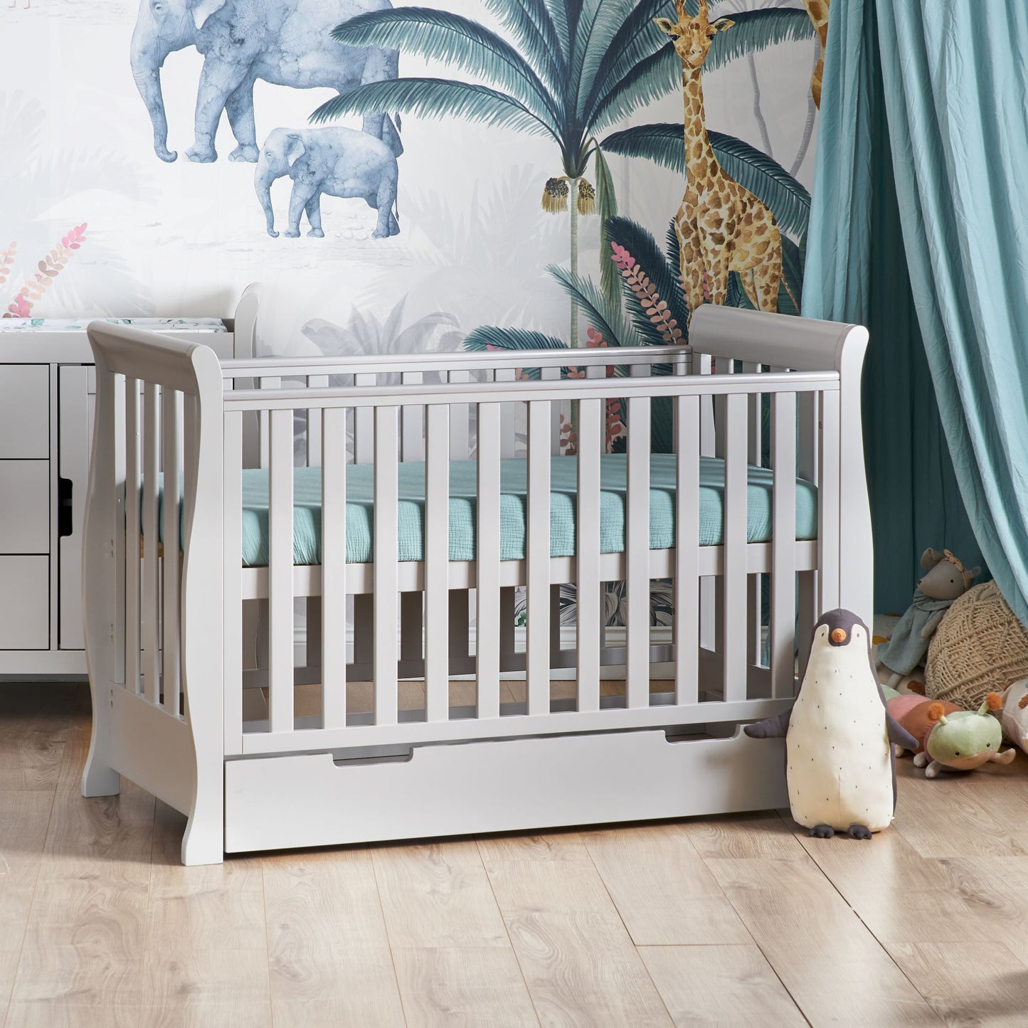 OBABY Stamford Mini Sleigh Cot Bed - available in Warm Grey and White