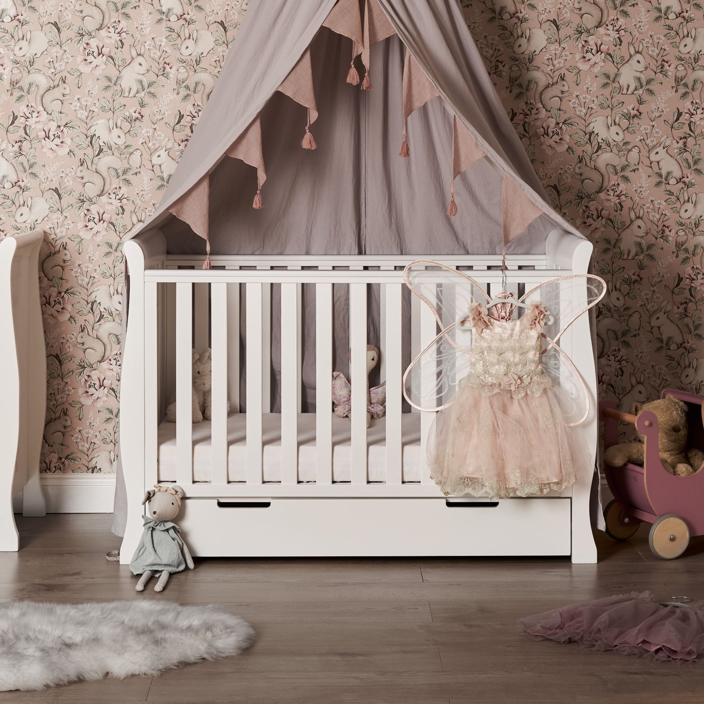 OBABY Stamford Mini Sleigh Cot Bed - available in Warm Grey and White