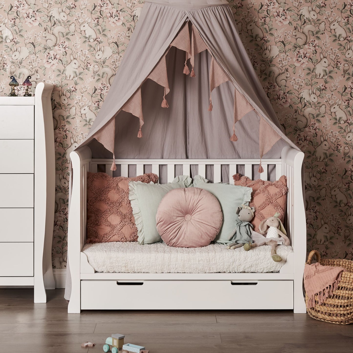 OBABY Stamford Mini Sleigh Cot Bed - available in Warm Grey and White