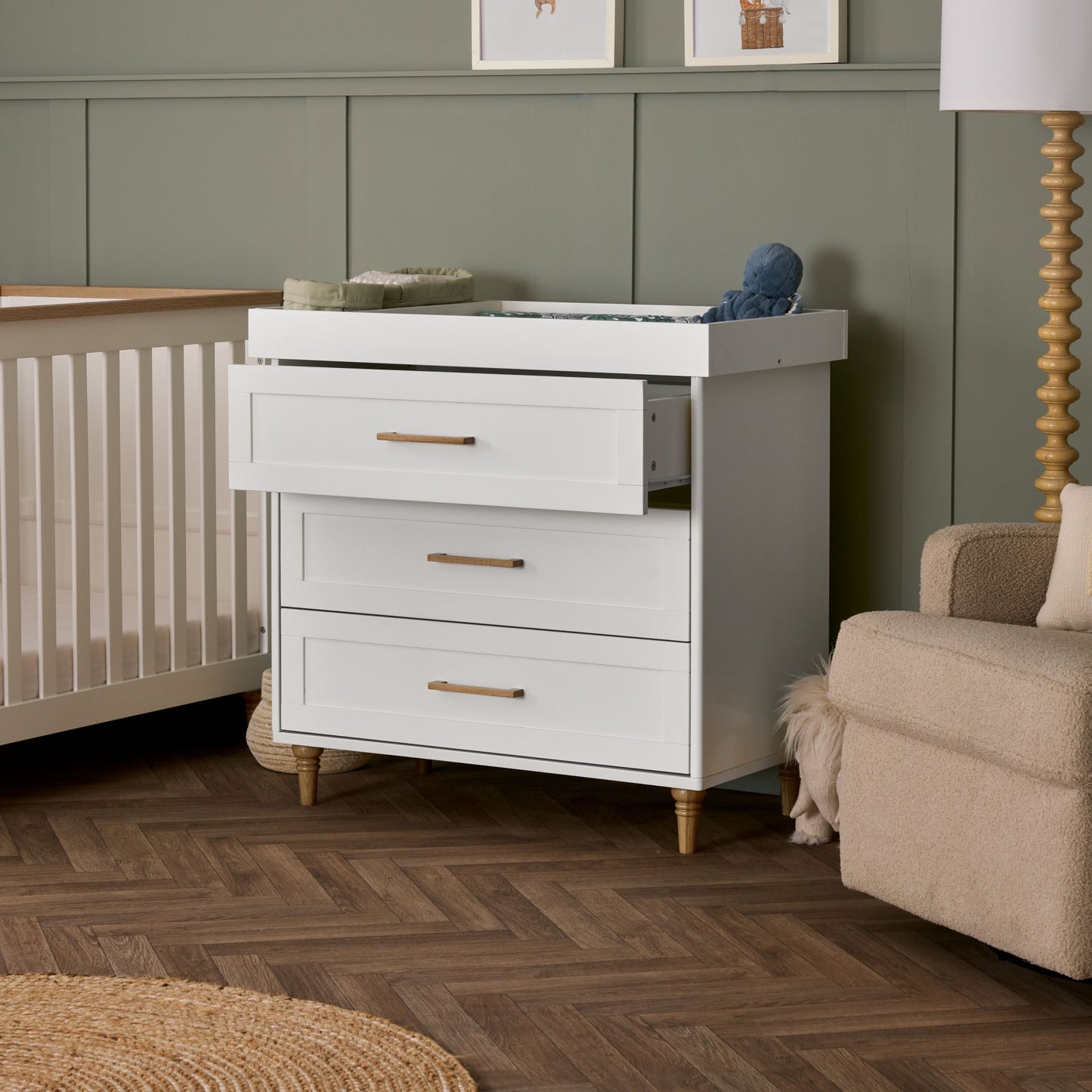OBABY Orla Changing Unit – White & Oak - Includes Storage Caddy and XXL Drawers