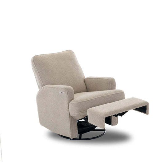 OBABY Madison Electric Swivel Glider Recliner Chair – Teddy Fabric in Ivory & Truffle