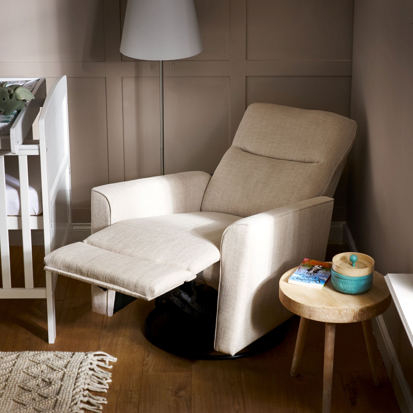 OBABY Savannah Swivel Glider Recliner Chair – Pebble & Oatmeal