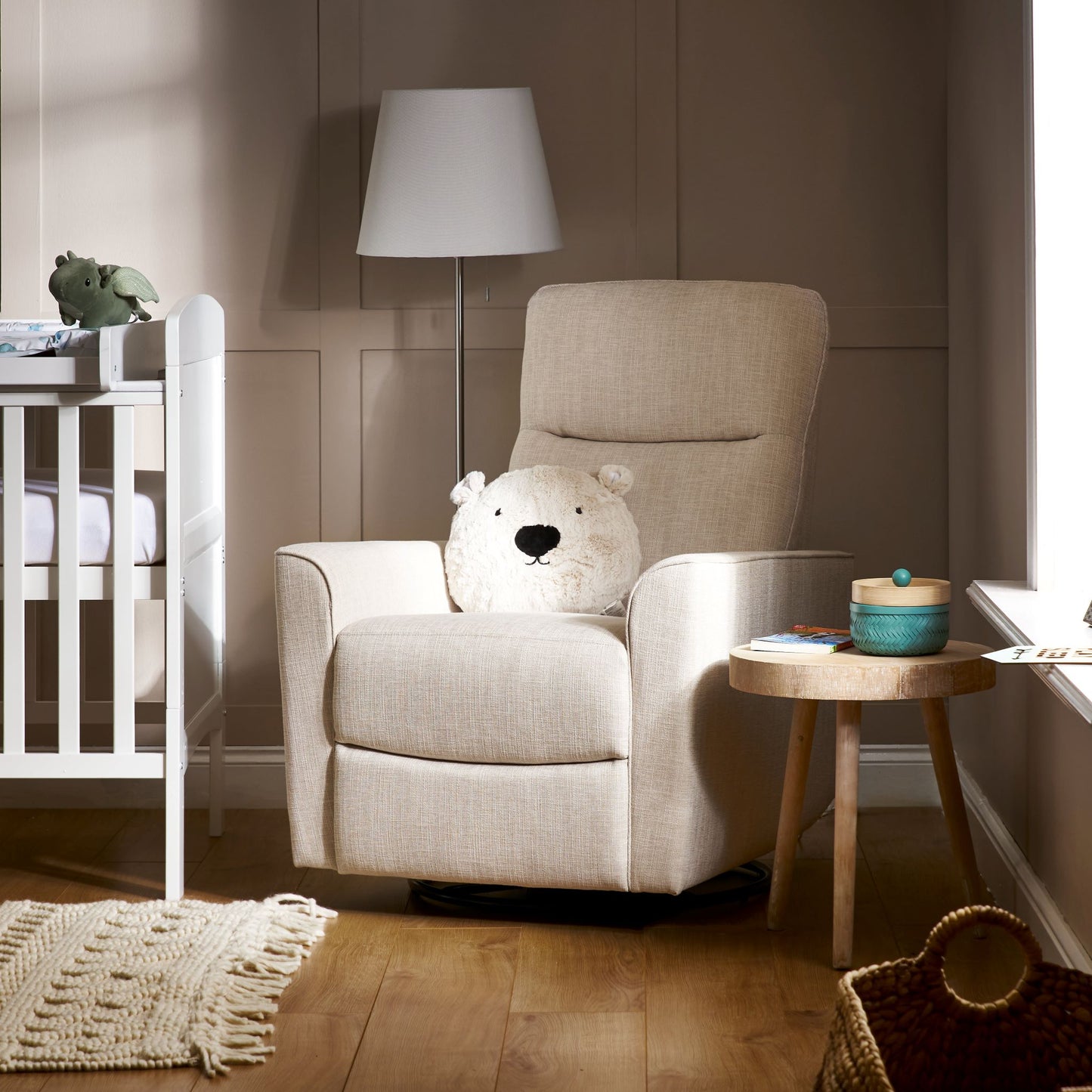 OBABY Savannah Swivel Glider Recliner Chair – Pebble & Oatmeal
