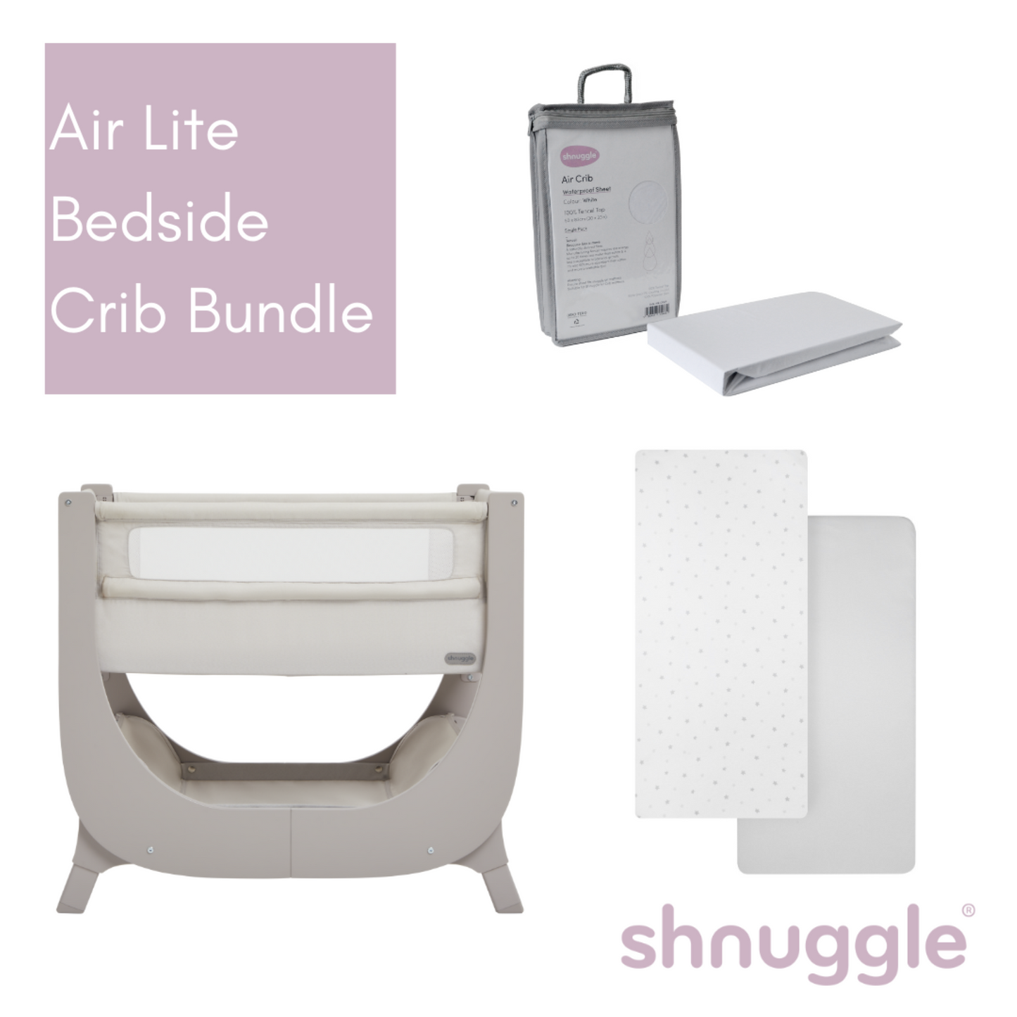 Shnuggle Air Lite Bedside Crib – Complete Sleep Bundle (Crib, Mattress & Sheets)