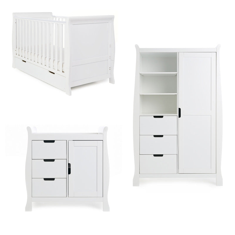 OBABY - Stamford Classic Sleigh 3 Piece Room Set - White & Warm Grey
