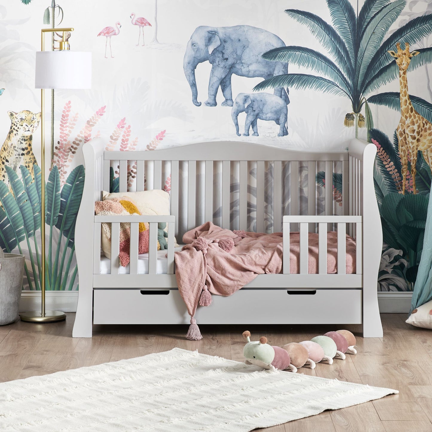 OBABY Stamford Luxe Sleigh Cot Bed - available in White and Warm Grey