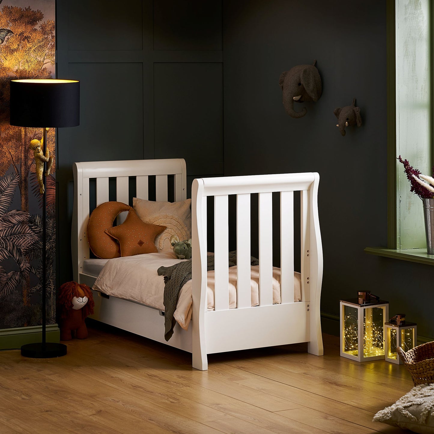 OBABY Stamford Luxe Sleigh Cot Bed - available in White and Warm Grey