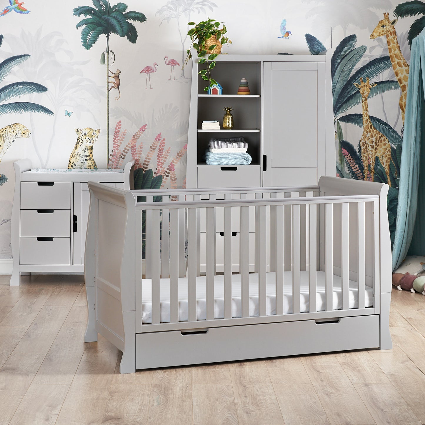OBABY - Stamford Classic Sleigh 3 Piece Room Set - White & Warm Grey