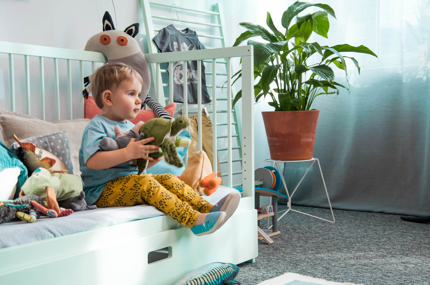 Mokee Mini Cot Bed in Dusty Aqua
