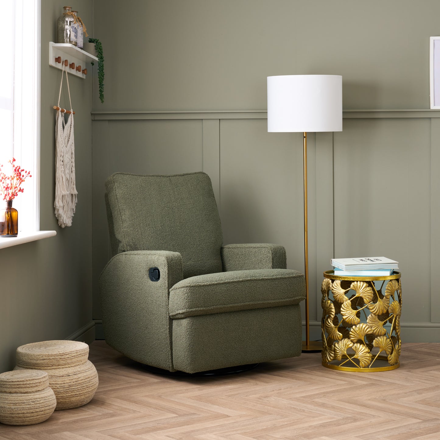 OBABY Madison Swivel Glider Recliner Chair – Teddy Fabric in Truffle and Olive