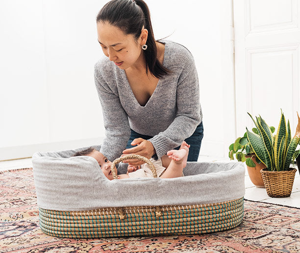 Mokee - Natural Sea Grass Moses Basket - Green