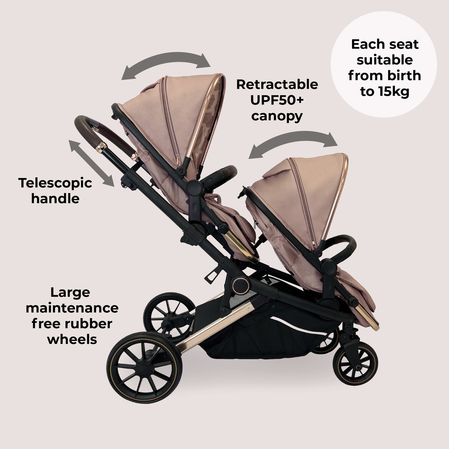 My Babiie MB33 Tandem Pushchair - available in colours Nude Giraffe, Black Leopard & Ivory