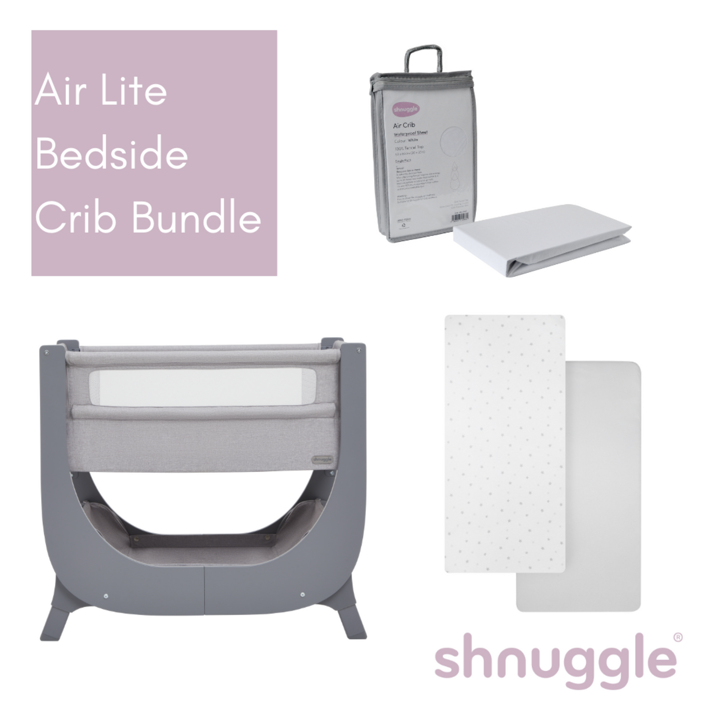 Shnuggle Air Lite Bedside Crib – Complete Sleep Bundle (Crib, Mattress & Sheets)